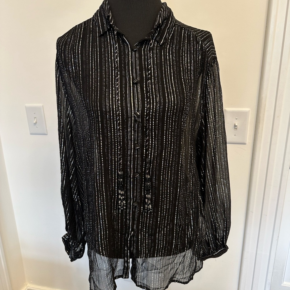 Zara Sheer Black Silver Striped Button Down Shirt Blouse Top Tie Neck Beaded NEW